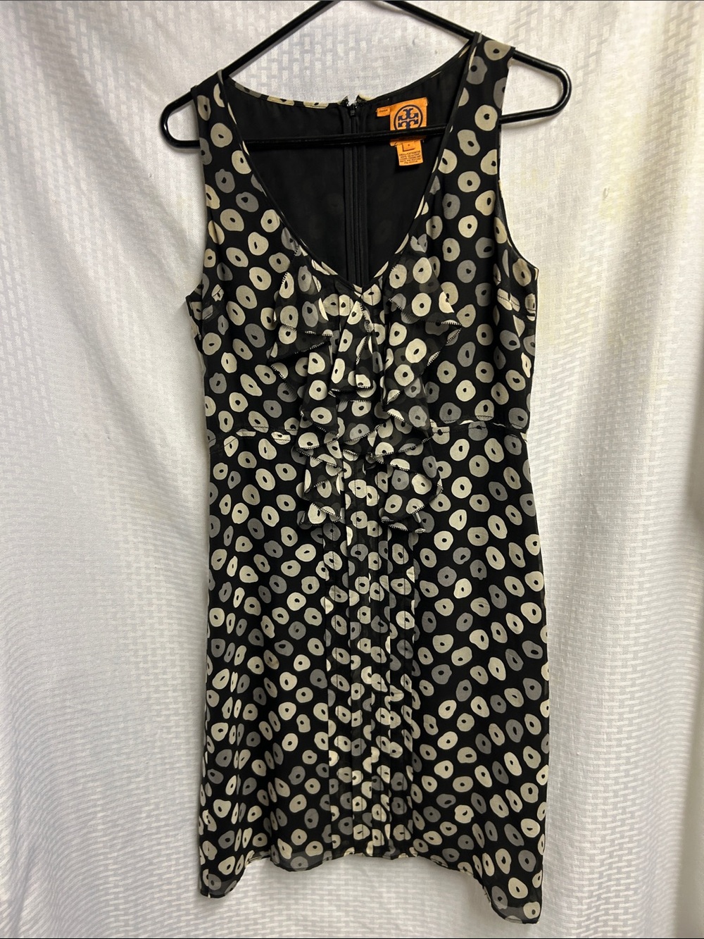 Tory Burch Black Dress with Cream Polka Dot Ruffles/lined.